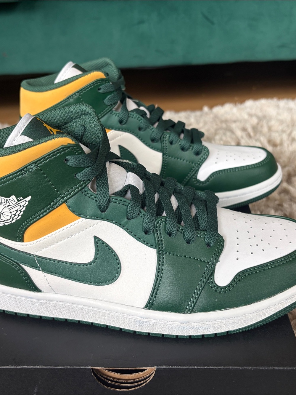 Jordan Air High Top Sneakers Green White Yellow - Picture 3 of 8